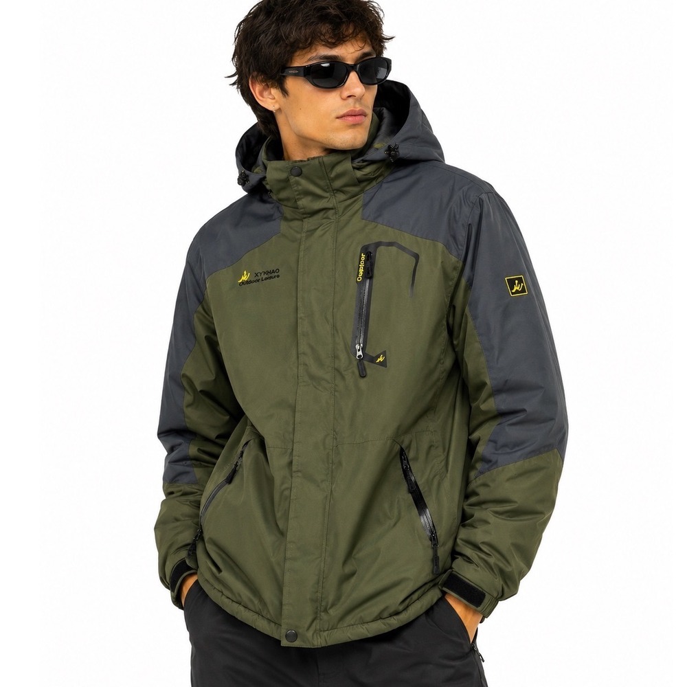 X-Y-NIAO Fleece Lined Outdoor Jacket Mens M Green Grey Removable Hood Waterproof